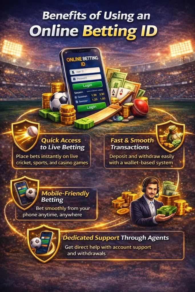 Benefits of online betting ID showing quick access, fast transactions, mobile betting, and agent support