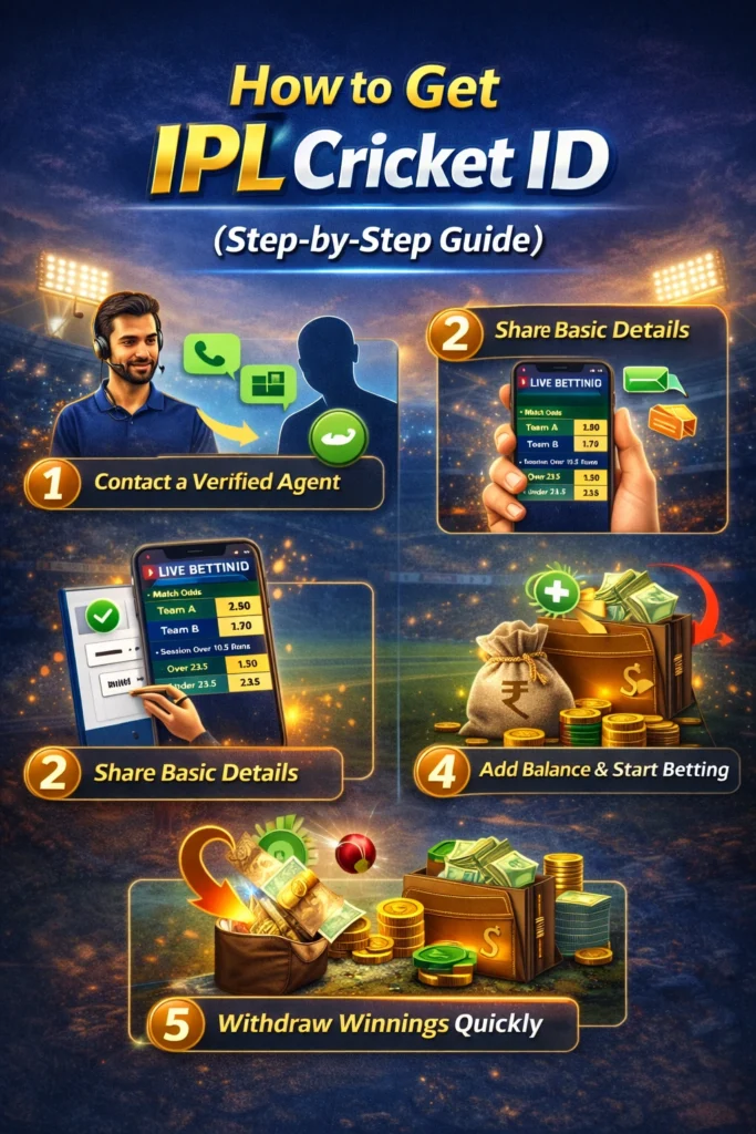 How to get IPL Cricket ID showing step by step process from agent contact to withdrawal