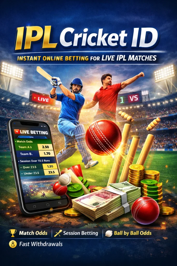 IPL Cricket ID banner showing live IPL match betting, session betting, and ball by ball odds on mobile