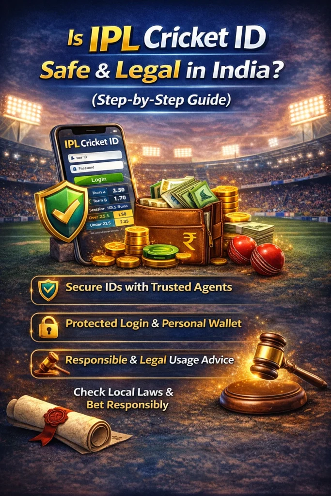 IPL Cricket ID safety and legality image showing secure login, wallet protection, and trusted agents in India