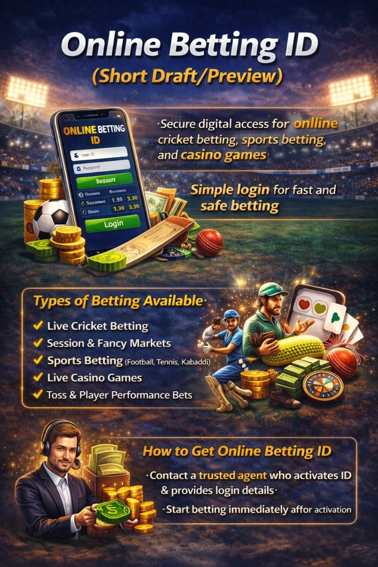 Online betting ID image showing secure login, live cricket betting, sports betting, and casino games