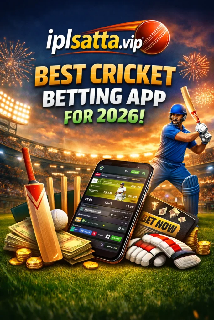 Image showing iplsatta.vip as the best cricket betting app for 2026 with a mobile betting screen, cricket gear, stadium lights, and fireworks.