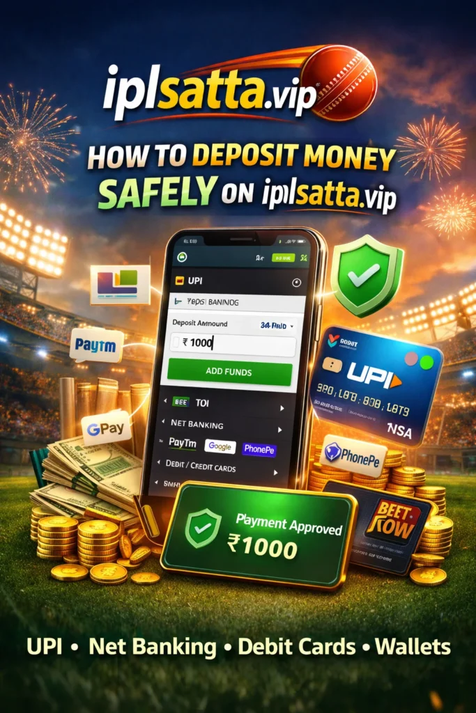 Illustration showing safe deposit methods on iplsatta.vip including UPI, PhonePe, Paytm, net banking, and security shield icons.