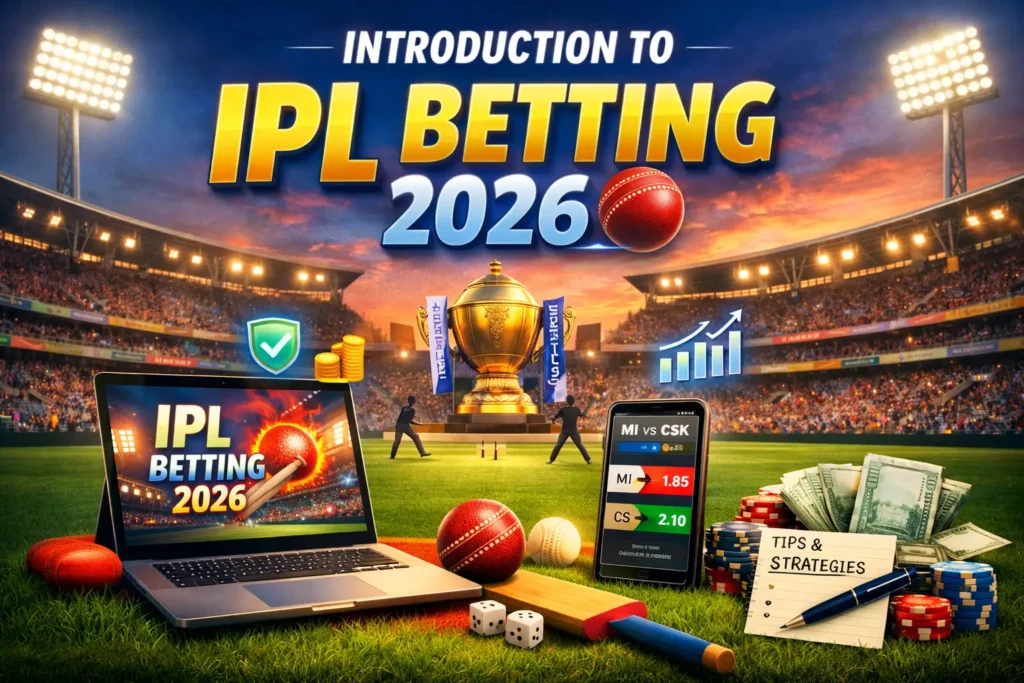 Introduction to IPL Betting 2026 with stadium background, trophy, betting devices, and odds display