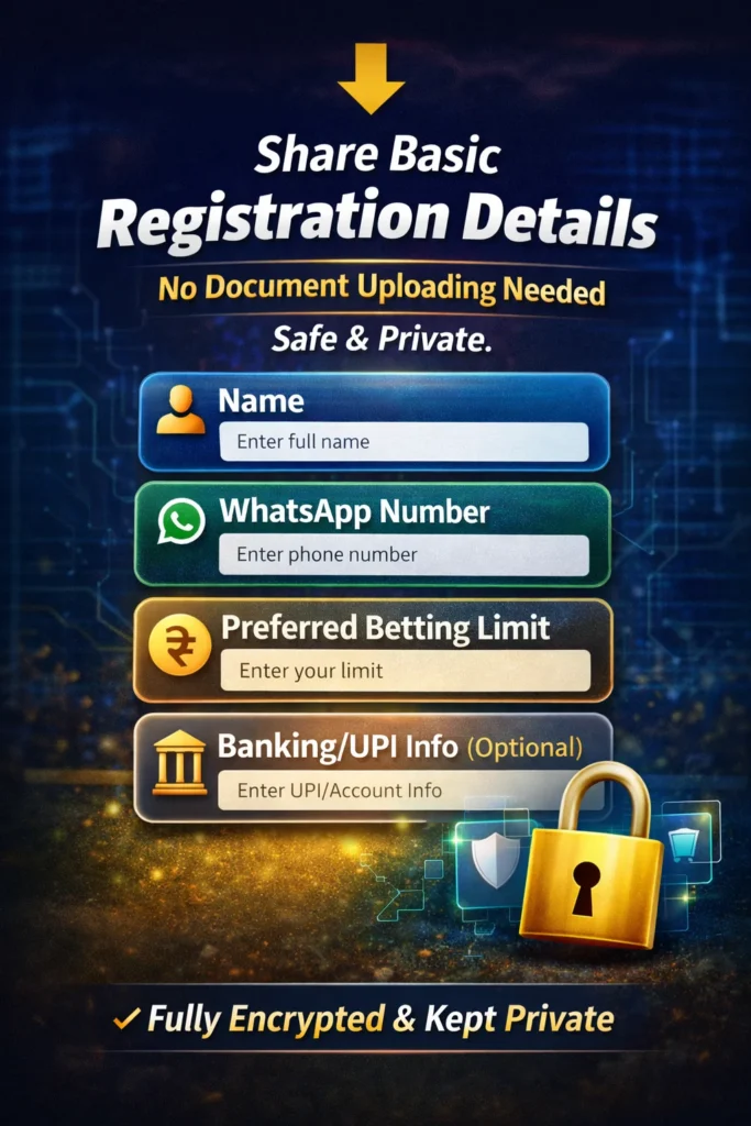 Infographic showing name, WhatsApp number, betting limit, and UPI fields for IPL Cricket Betting ID registration.