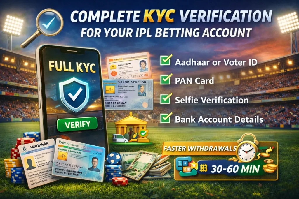 KYC verification steps for IPL betting including Aadhaar, PAN, selfie verification, and bank details
