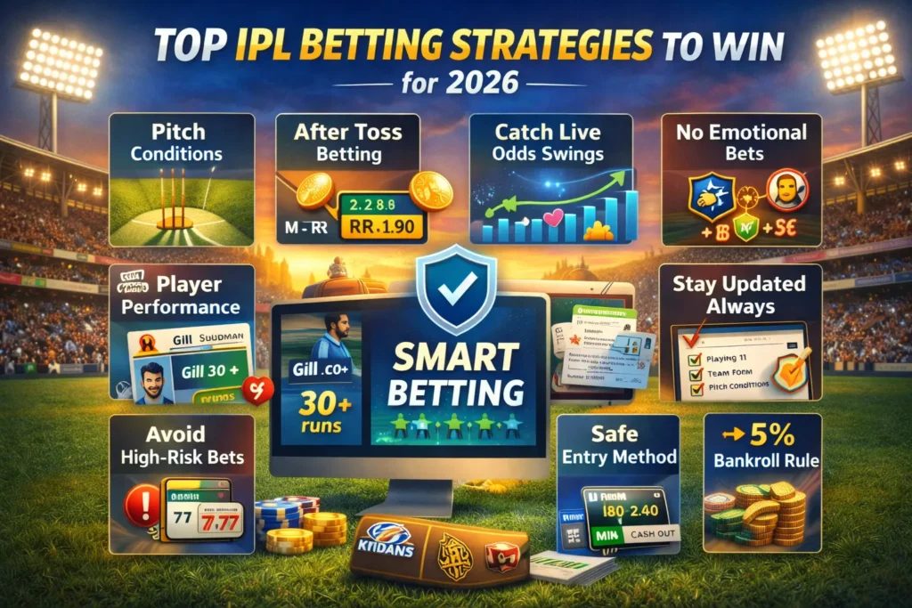 Top IPL betting strategies like pitch analysis, toss-based betting, odds swings, bankroll rule, and safe entry methods