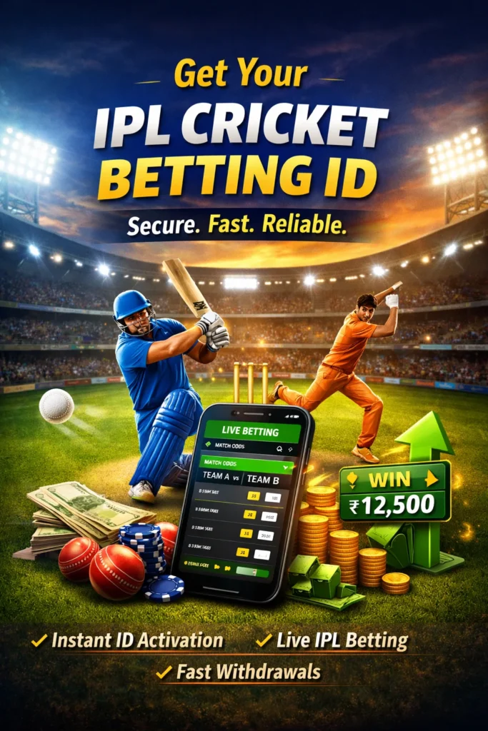 Hero image showing IPL Cricket Betting ID promotion with players, stadium, and mobile betting screen.