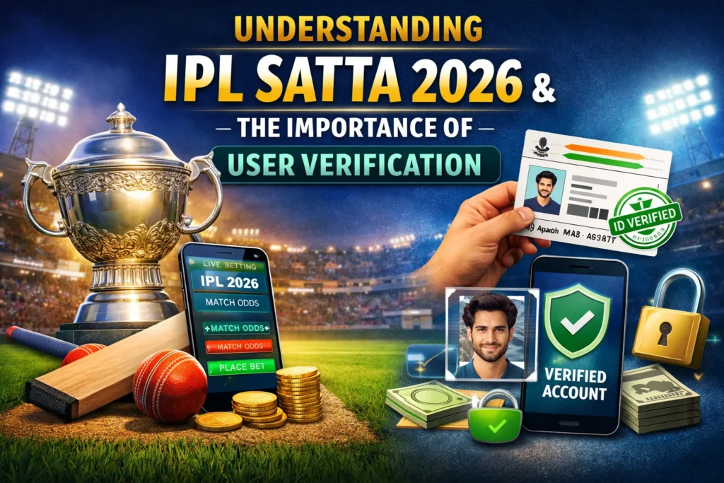 IPL Satta 2026 visual showing trophy, mobile betting screen, and user verification ID for secure IPL betting.