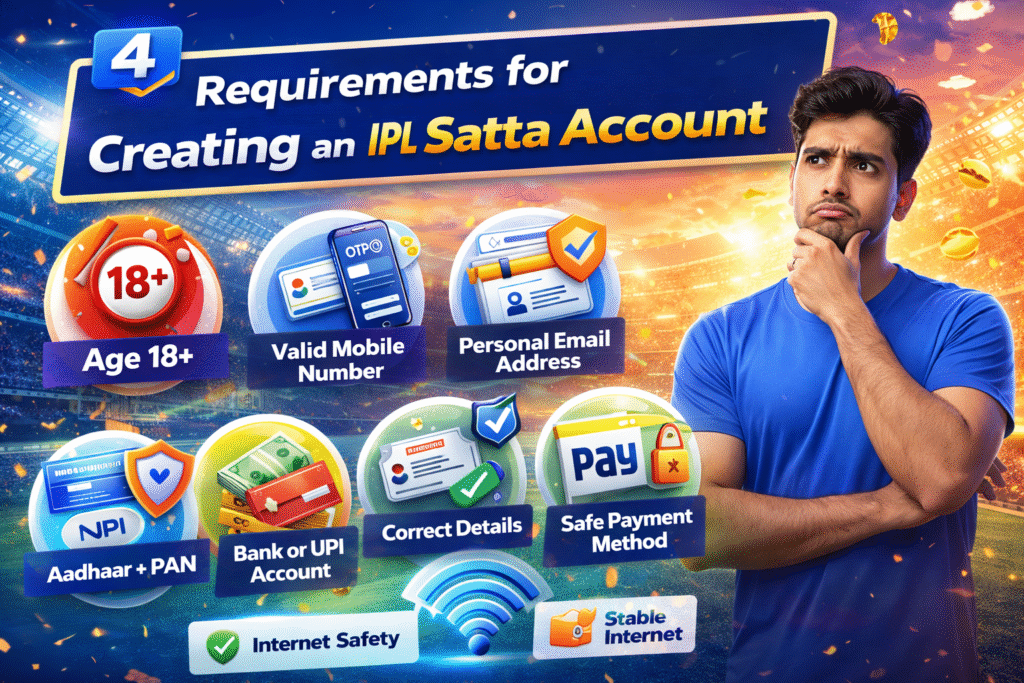 Requirements for creating an IPL Satta account including age limit, valid mobile number, Aadhaar, PAN, bank account, and safe internet connection.