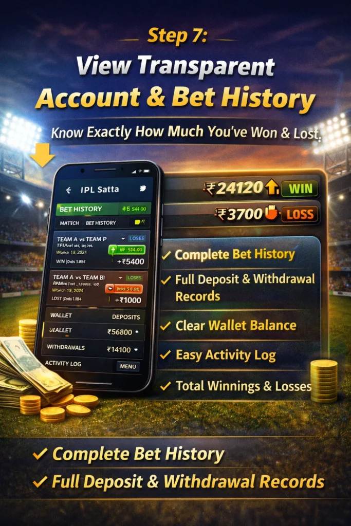 Mobile screen showing IPL bet history, wallet balance, and clear win/loss tracking.