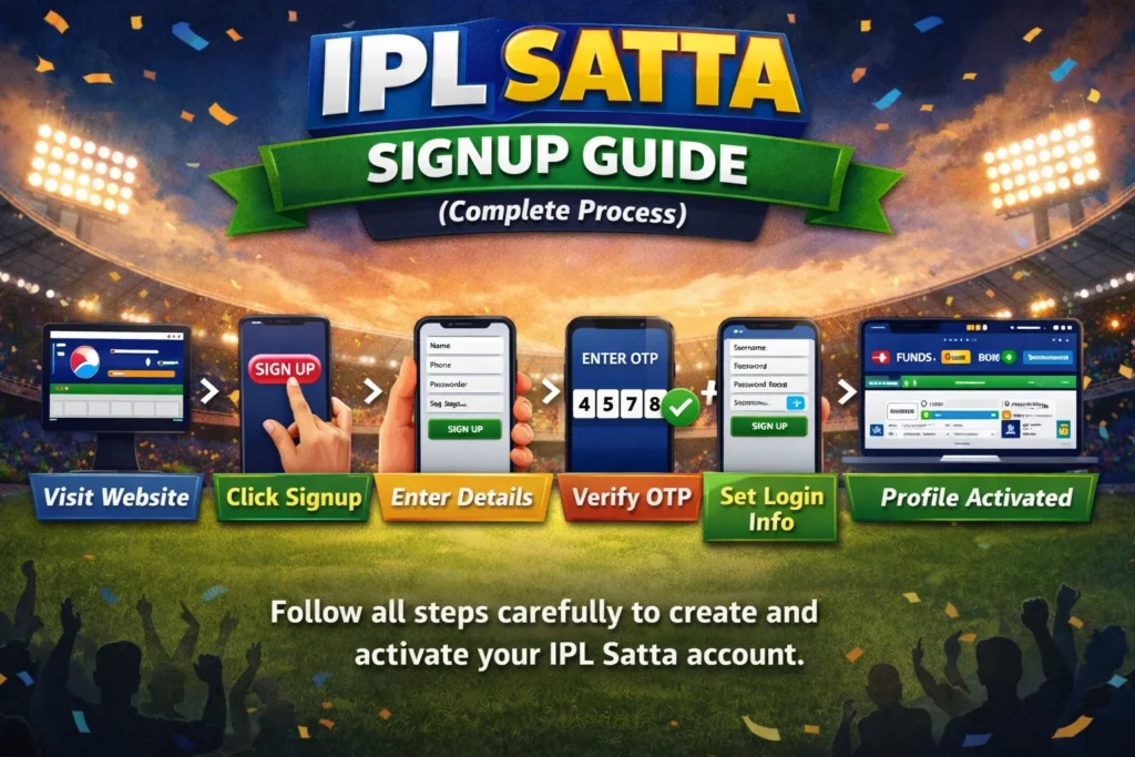 "Step-by-step IPL Satta Signup process including signup button, OTP verification, login setup, and account activation."