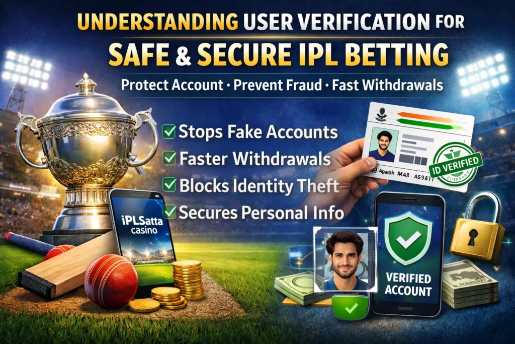 Graphic showing ID verification, secure account, and IPL betting elements explaining safe betting on IPLSatta.casino.