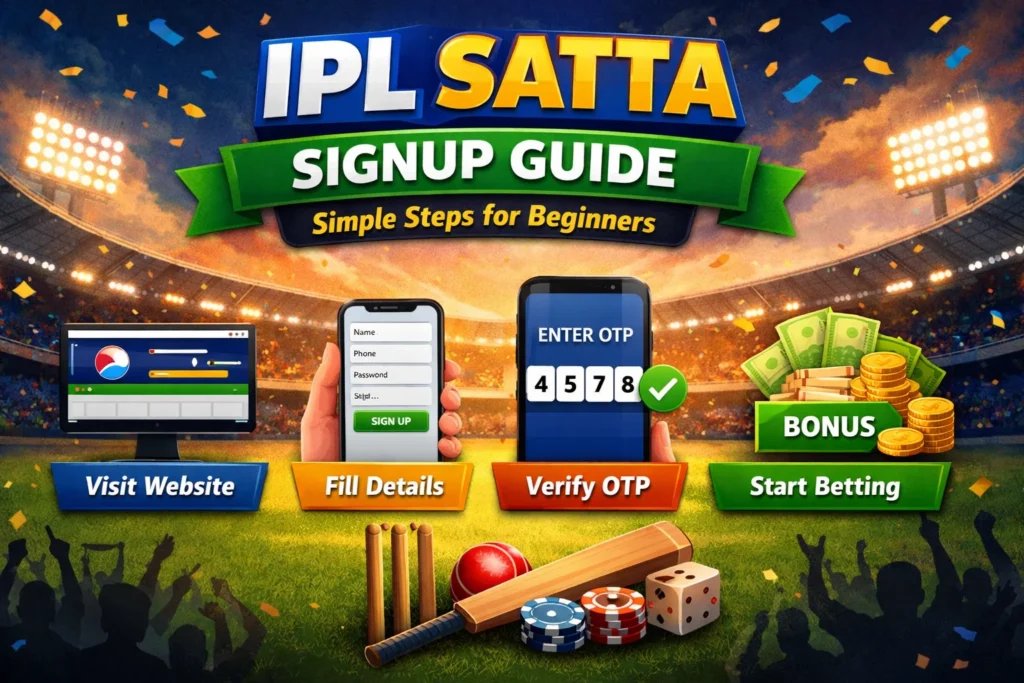 "IPL Satta signup guide image showing website visit, form filling, OTP verification, and betting steps for beginners."