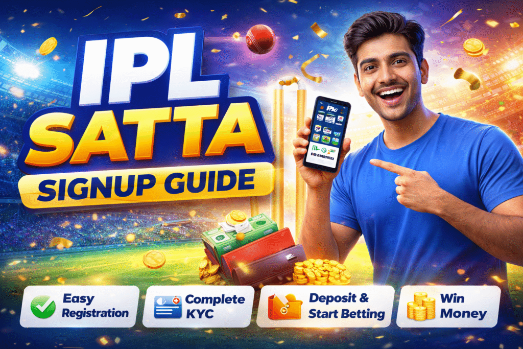 IPL Satta signup guide banner showing a man holding a mobile phone with betting icons, highlighting easy registration, KYC, deposits, and instant betting.