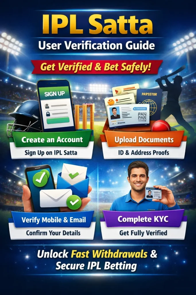 "IPL Satta User Verification Guide infographic showing steps for creating an account, uploading documents, verifying mobile and email, and completing KYC for safe IPL betting."