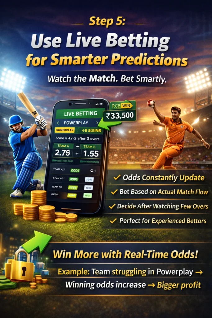 Illustration showing live IPL betting odds, powerplay predictions, and players in action.