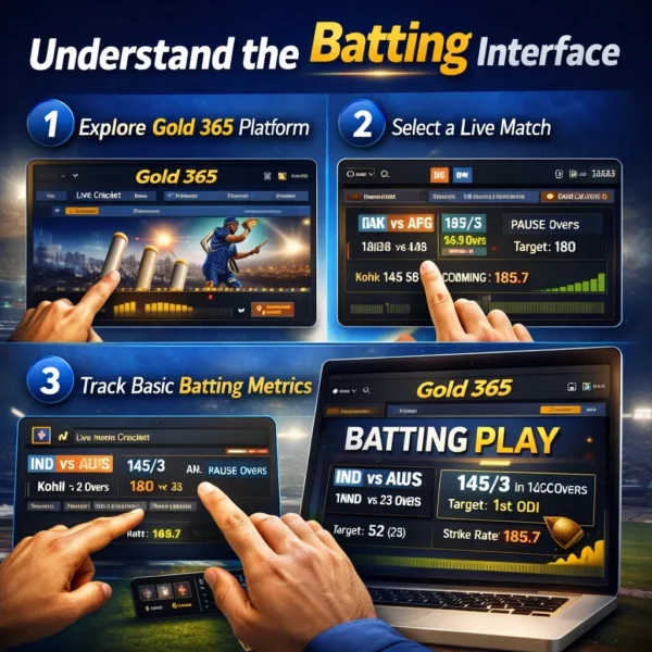 Gold 365 Batting Play interface displaying live cricket match selection, batting metrics tracking, and platform navigation steps.