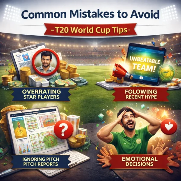 Common mistakes to avoid in T20 World Cup Tips showing emotional decisions, hype following and pitch report analysis visuals