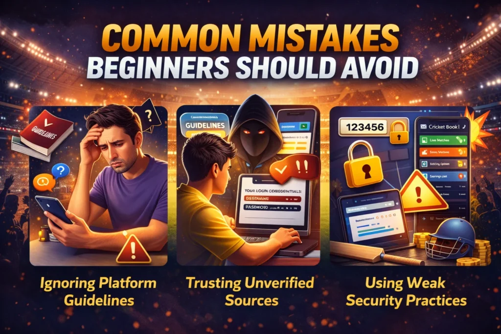 Visual guide showing common mistakes beginners make with Cricket Book ID like weak passwords and trusting unverified sources