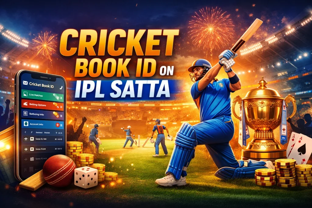 Cricket Book ID dashboard on IPL SATTA platform showing secure cricket account interface inside a live stadium background