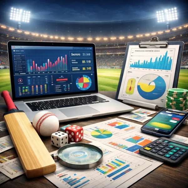 Data driven T20 World Cup Tips image showing laptop analytics charts, cricket equipment and performance statistics
