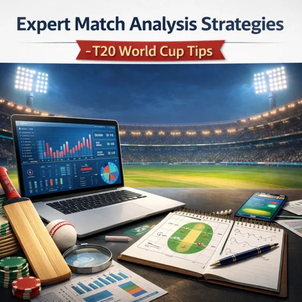 Expert match analysis strategies workspace with laptop stats, cricket bat and notebook for T20 World Cup Tips