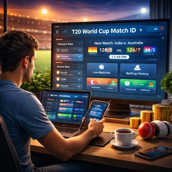 User accessing T20 World Cup Match ID on IPL Satta using laptop and smartphone during live cricket match