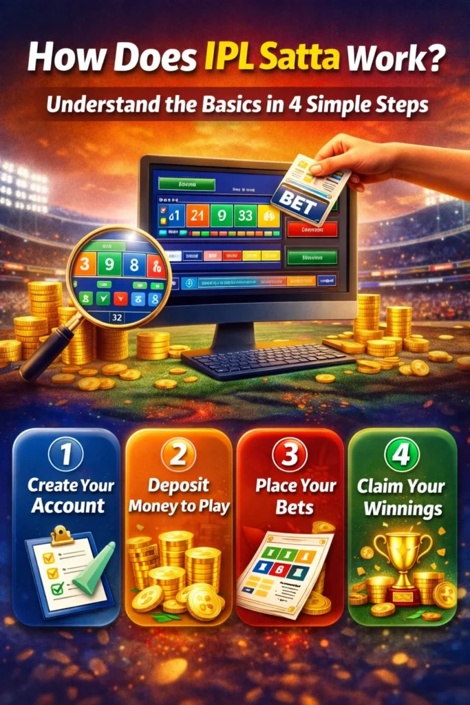 How IPL Satta works infographic showing four-step betting process with computer screen.