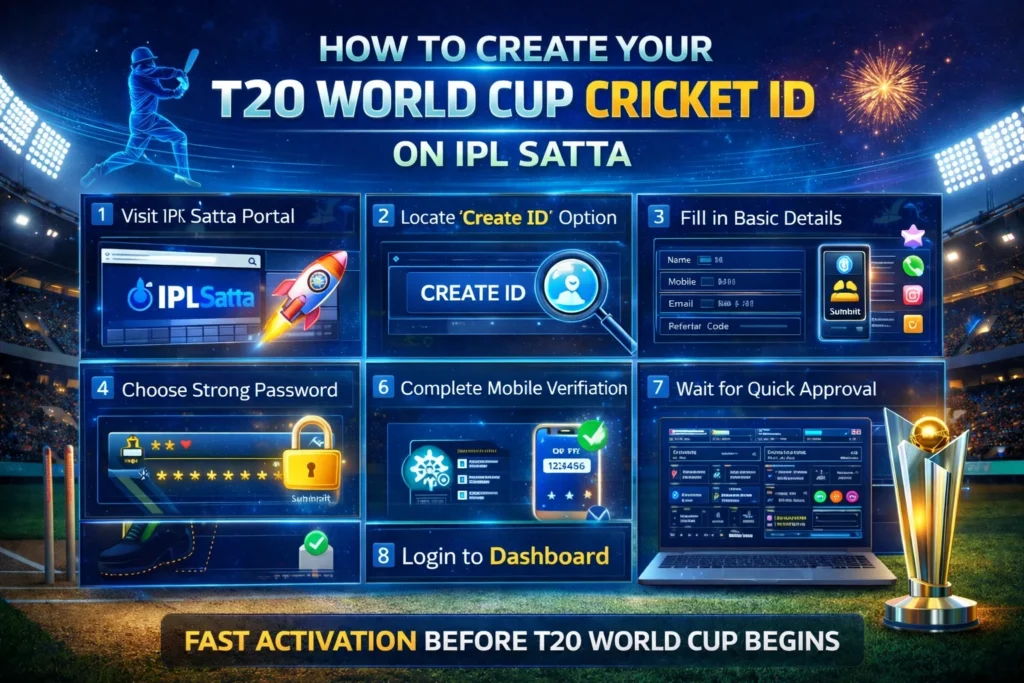 Step-by-step guide to creating a T20 World Cup Cricket ID on IPL Satta with icons and visuals.