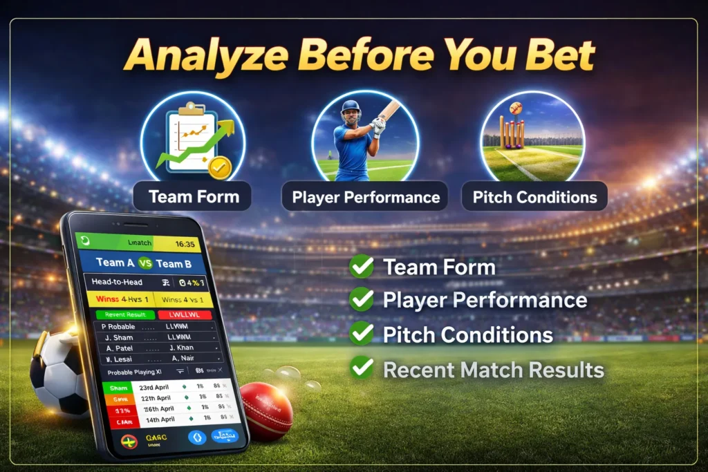Step by step guide to start Online Match Betting showing match analysis, team form and player statistics