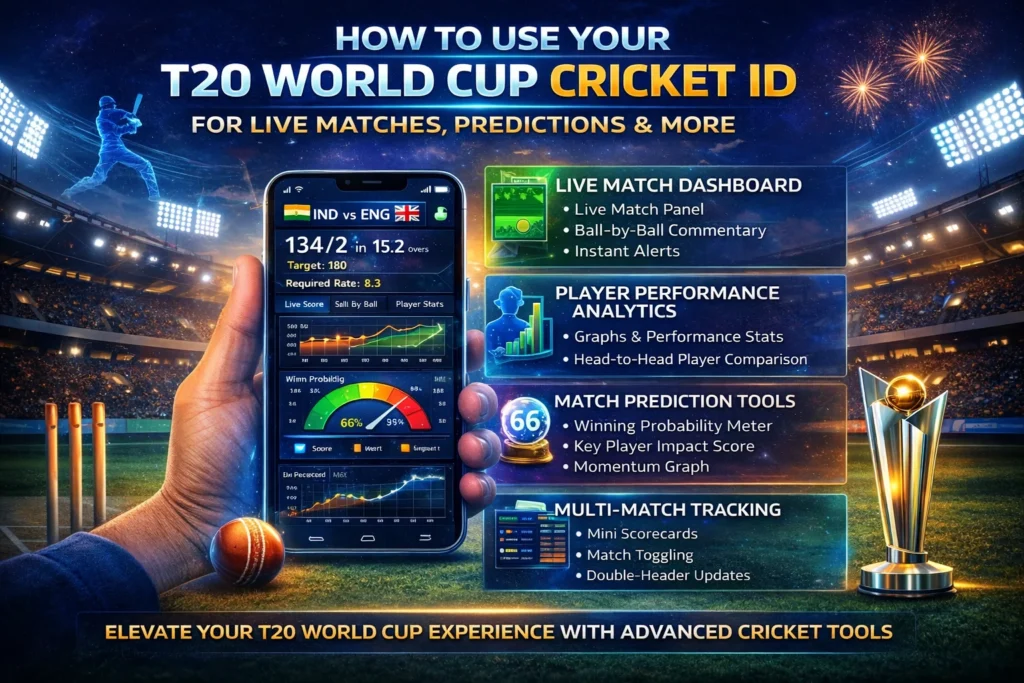 T20 World Cup Cricket ID usage guide showing live match tracking, predictions, analytics, and IPL Satta dashboard.