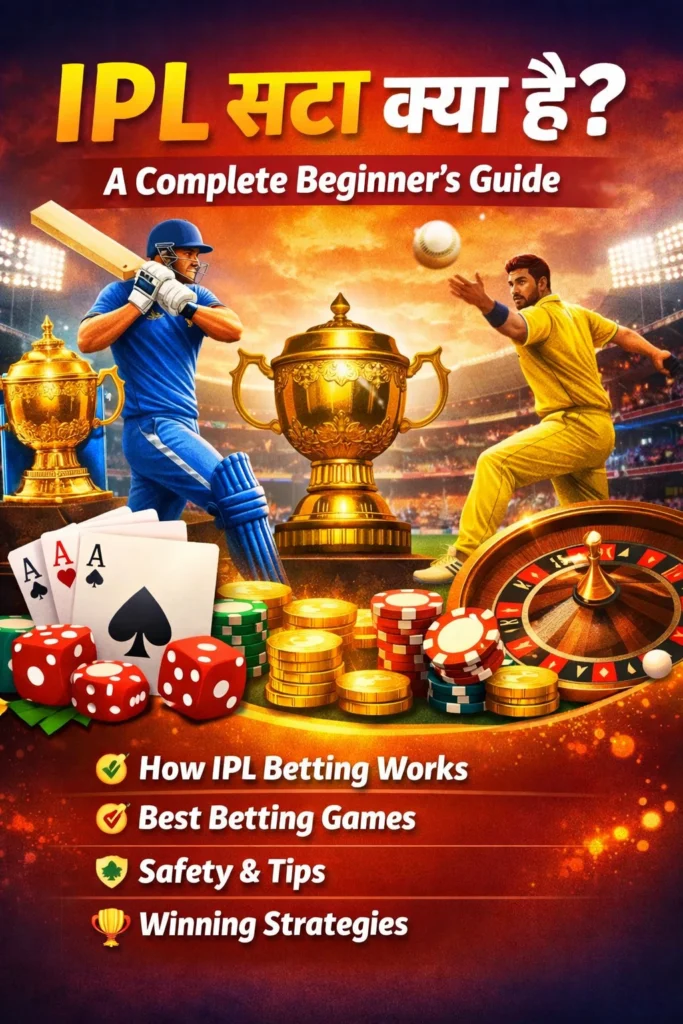 IPL Satta beginners guide showing cricket players, trophies, cards and betting elements.