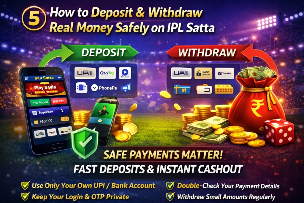 Step-by-step guide for safe deposit and withdrawal on IPL Satta with UPI, bank transfer, and secure payment symbols.