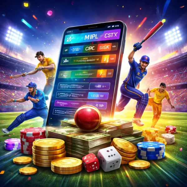 IPL SATTA online cricket dashboard showing live match interface and games and gambling options