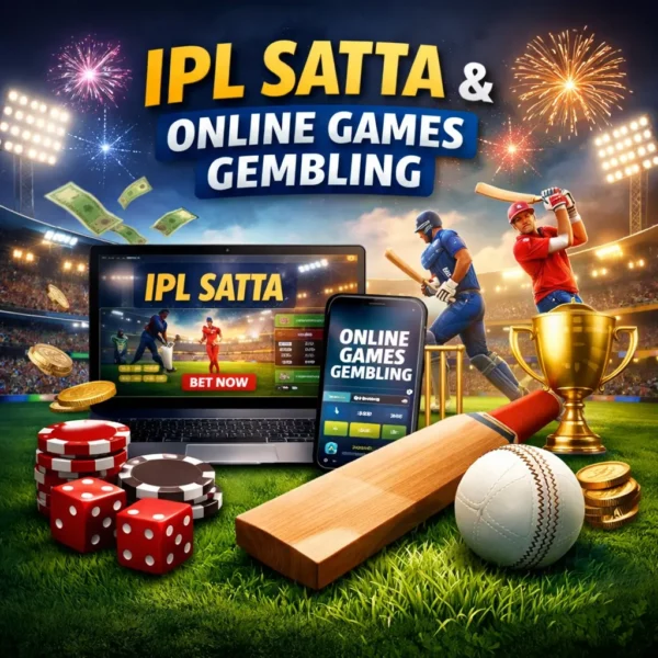 IPL Satta introduction illustration showing cricket players, stadium, and online games gembling dashboard on mobile and laptop