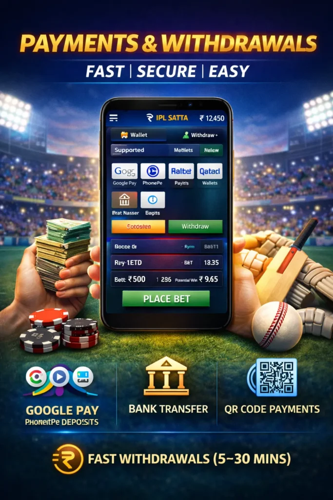 IPL Satta payment system showing UPI deposits, bank transfer options, QR code payments, and fast withdrawals.
