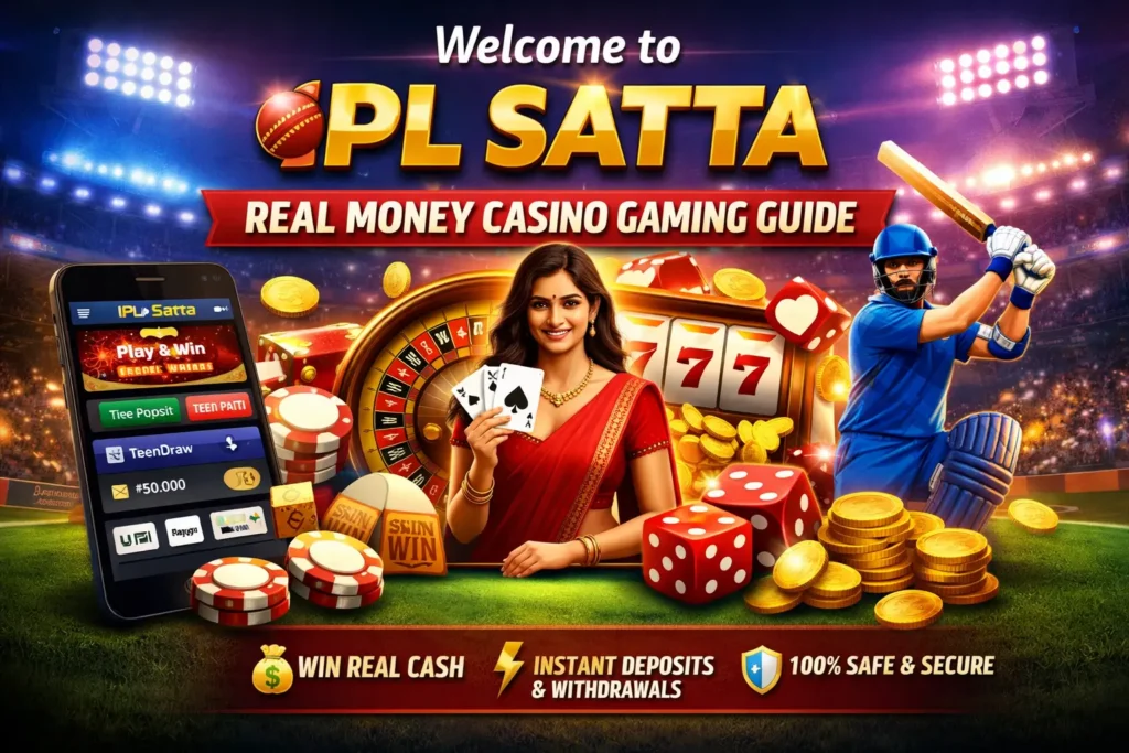 Introduction to IPL Satta real money online casino gaming with casino elements, mobile app illustration, and secure gameplay visuals.