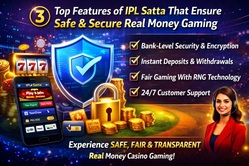 Top features of IPL Satta displaying encrypted security shield, instant withdrawals, RNG fairness, and customer support visuals.