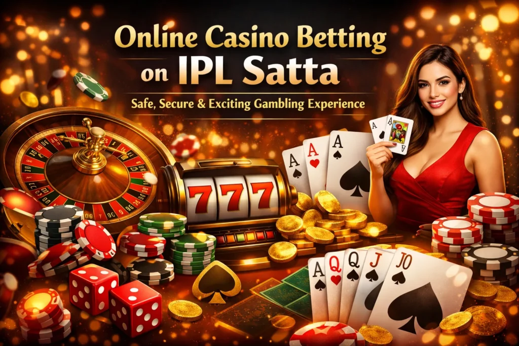 Digital casino betting artwork featuring roulette, poker chips, slot machine, cards, and IPL Satta branding.