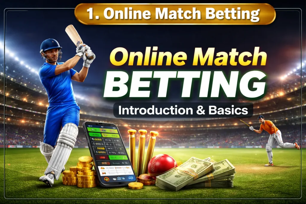 Online Match Betting introduction banner showing cricket stadium, mobile betting interface and beginner guide visuals