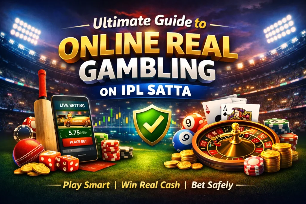 Digital illustration of Online Real Gambling with casino icons, IPL Satta interface, safety shield, and betting elements.