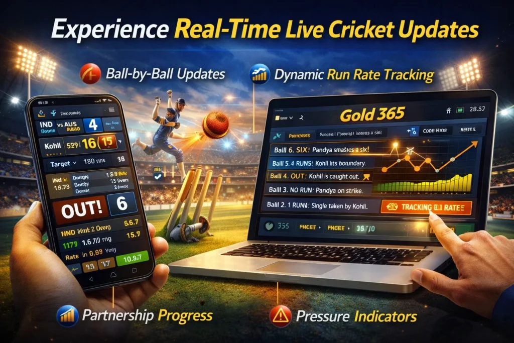 Gold 365 Batting Play interface highlighting platform security, responsible play, and transparency during live cricket matches.