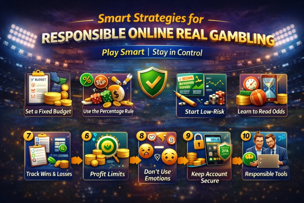 Infographic showing 12-step guide for safe Online Real Gambling covering registration, verification, deposits, and responsible play.
