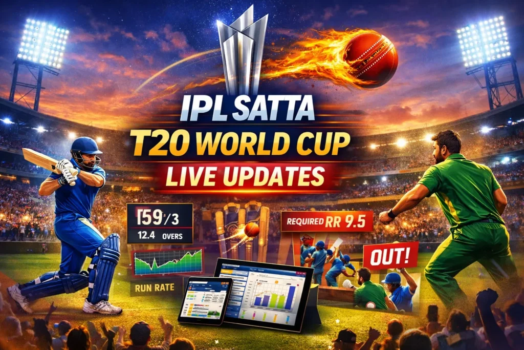 IPL SATTA T20 World Cup Live updates illustration showing cricket stadium, live score graphics and real-time match action