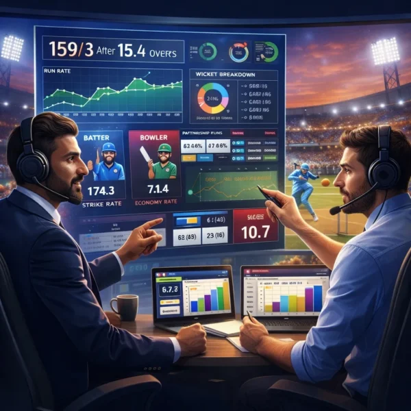 Cricket analysts reviewing T20 World Cup Live match data with live statistics dashboard and real-time performance graphs