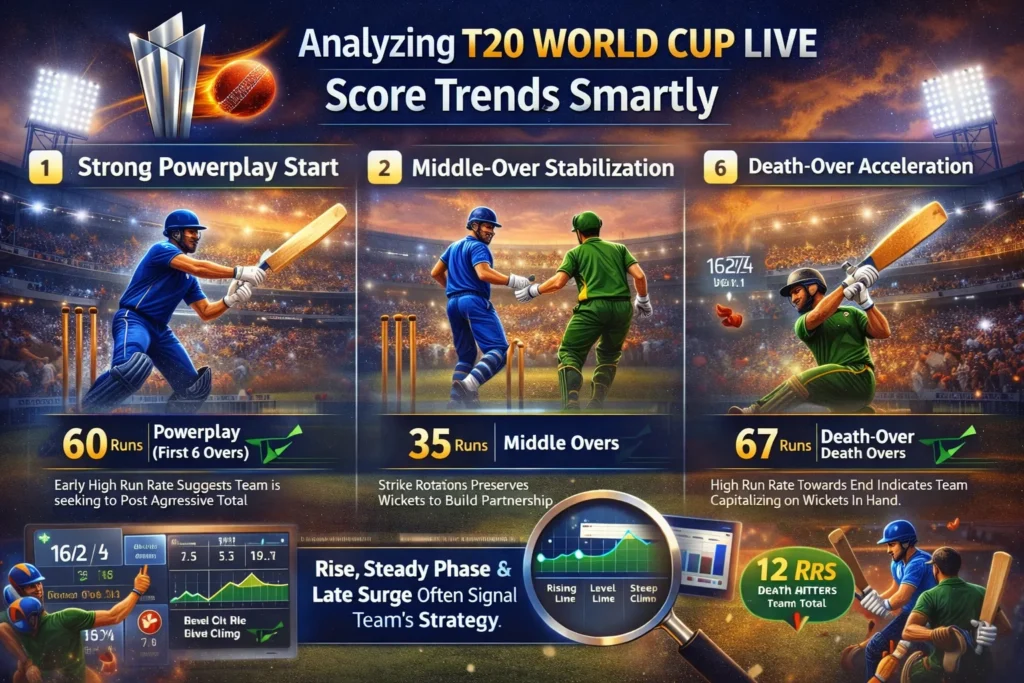 Infographic showing T20 World Cup Live score trends including powerplay, middle overs, and death over acceleration strategies