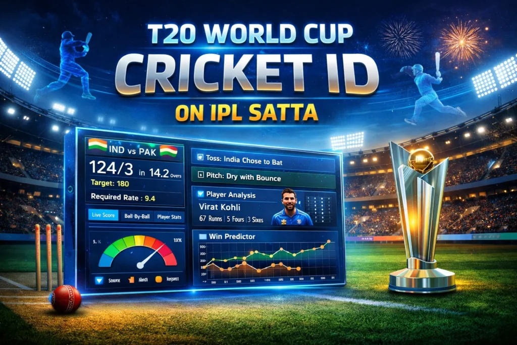 T20 World Cup Cricket ID dashboard with live match stats and IPL Satta branding in a stadium.