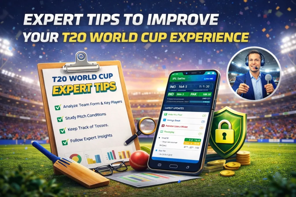 Expert T20 World Cup tips shown on clipboard with IPL Satta app interface and cricket visuals