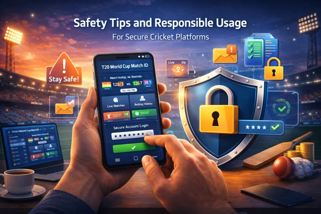 Secure login screen showing T20 World Cup Match ID safety tips with lock icon and cricket platform interface